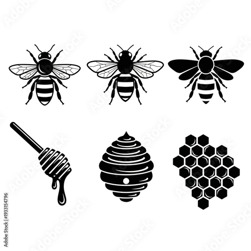 Black and white bee icons with honeycomb and dipper