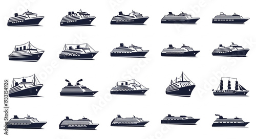 Collection of various cruise ships and vessels sailing on the ocean, maritime transport.
