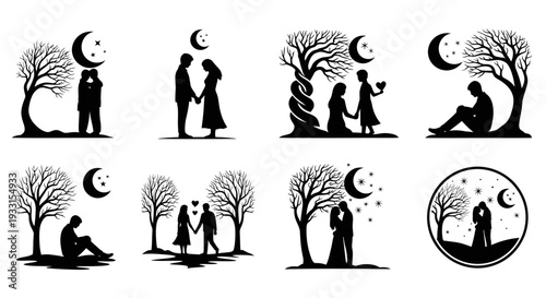 Romantic couples under the moon depicted in black silhouettes