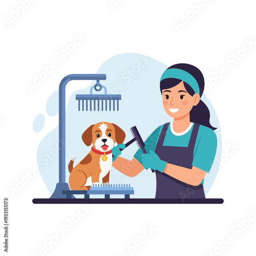Professional dog groomer brushing a happy small dog in a grooming salon
