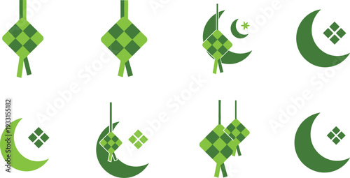 Collection of green Islamic celebratory icons features various arrangements of woven ketupat diamond shapes and crescent moons.