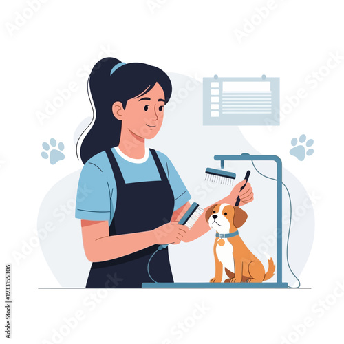 Professional groomer bathing and brushing a small dog in a grooming salon