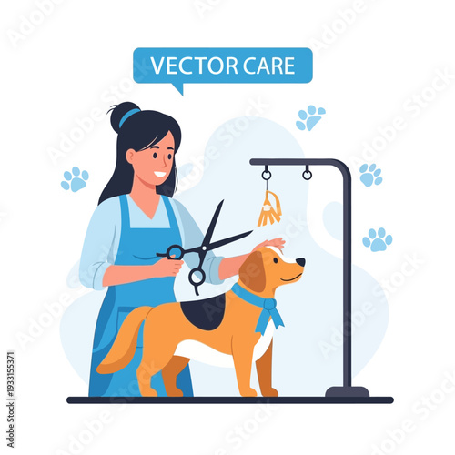 Professional groomer cutting dog's fur with scissors, pet care service, vector illustration