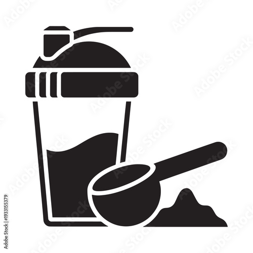 Black silhouette of a protein shaker scoop and powder pile