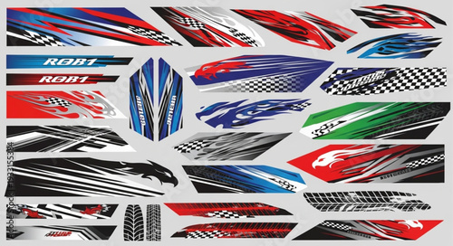 Collection of vibrant racing car decals and graphic designs for vehicles.
