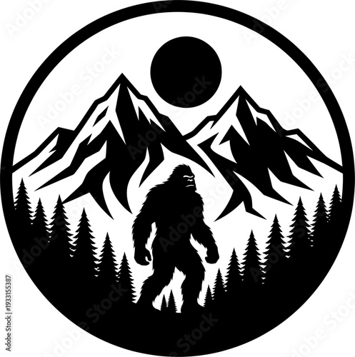 Bigfoot walking in mountain forest landscape inside circular frame