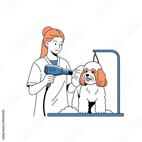 Professional groomer drying a fluffy dog on a grooming table, pet care concept