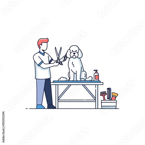 Professional groomer cuts fluffy white poodle on grooming table with scissors, pet care concept