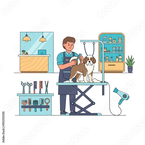 Professional groomer styling a dog on a grooming table in a clean salon