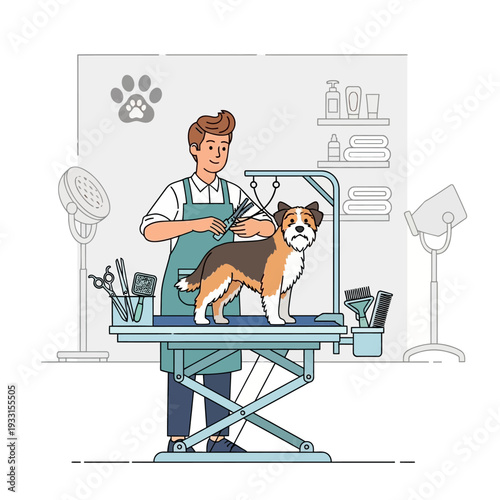 Professional groomer trimming a cute dog on a grooming table in a salon