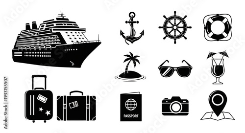 Cruise Ship and Travel Accessories Silhouettes for Vacation and Adventure.