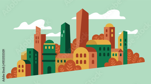 Vibrant Minimalist Cityscape Illustration with Geometric Buildings and Trees