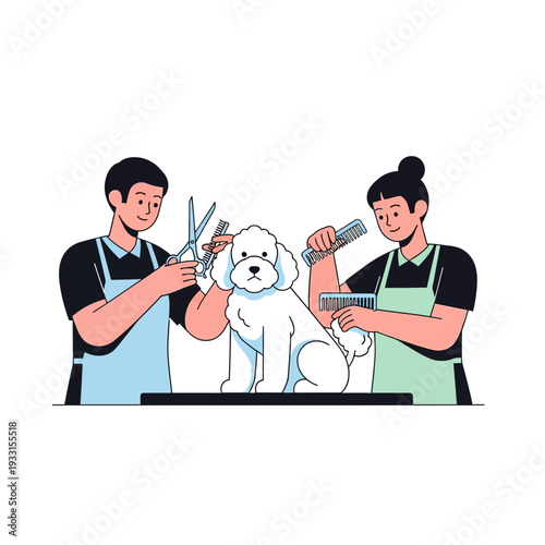 Professional groomers styling a white poodle on a grooming table