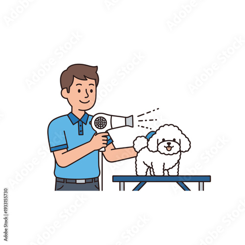 Groomer drying fluffy white dog with hairdryer on grooming table