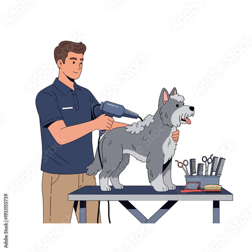 Groomer drying dog with hairdryer on table, grooming tools nearby