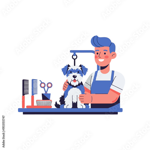 Groomer Styling Cute Dog on Table with Tools