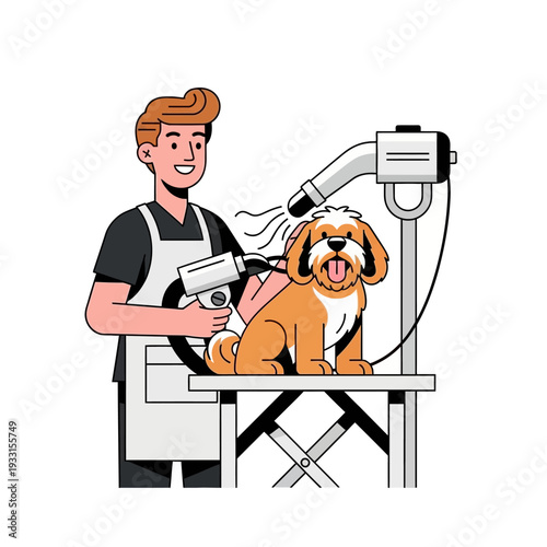 Groomer drying a happy dog with a hairdryer on a grooming table