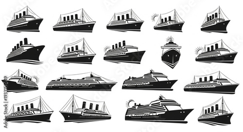 Collection of various cruise ships and ocean liners in black and white style.