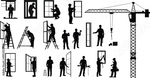 Construction worker silhouettes installing windows and operating tower crane, builder and contractor figures with tools isolated on white background, black vector illustration set