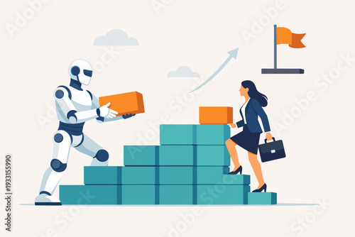 Artificial intelligence helping to support career development and ladder of success concept with a robot stacking blocks for a businesswoman to reach her goals and achieve business growth.