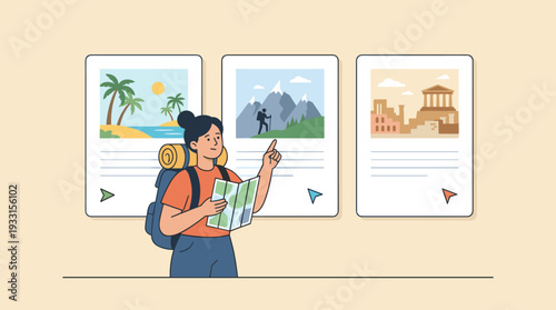 Young Woman Backpacker Choosing Travel Destination from Tour Options on Website or Agency Board, Tourist Planning Vacation Trip with Map, Flat Vector Illustration of Adventure and Tourism Concept