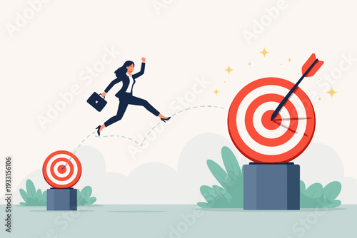 Businesswoman Jumping from Small Goal to Big Target for Success and Career Growth, Concept of Ambitious Professional Achieving Higher Objectives, Business Strategy, Progress and Motivation.