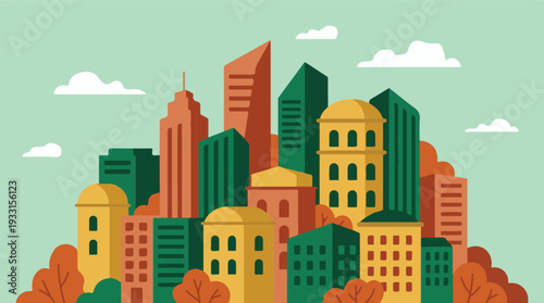 Stylized cityscape illustration with colorful modern buildings and trees