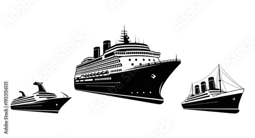 Three cruise ships of varying sizes are depicted in a black and white illustration.