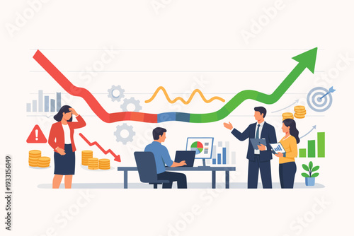 Business People Analyzing Market Recovery and Growth Graph. Concept of Financial Crisis Management, Economic Stabilization, Sales Prediction, Investment Strategy, and Data Analytics Illustration.