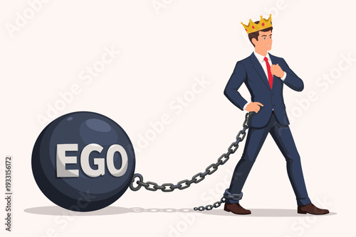 Arrogant Businessman Wearing a Crown Chained to a Heavy Ego Ball and Chain Burden, Concept of Narcissism, Self-Importance, and Pride Hindering Success and Personal Growth in Career and Life.