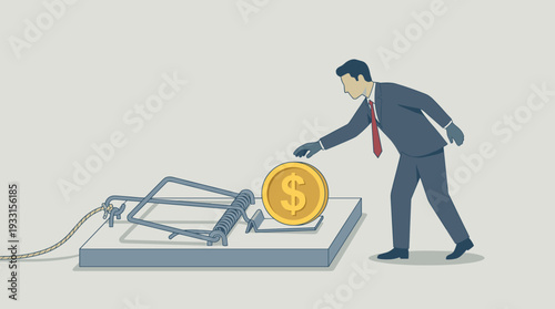 Businessman in a Suit Reaching for a Gold Dollar Coin Bait on a Large Mousetrap, Conceptual Illustration of Financial Risk, Greed, Investment Trap, and Economic Danger in the Business World.