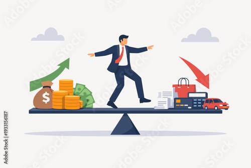 Businessman Balancing on a Seesaw Between Income and Expenses. Financial Management Concept with Money, Savings, and Profit vs. Bills, Debt, and Spending. Budgeting, Economic Stability, and Risk.