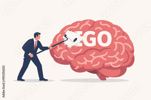 Businessman painting over the word EGO on a human brain with a roller, conceptualizing the removal of pride, selfishness, and arrogance for mindfulness, mental health, and better leadership.