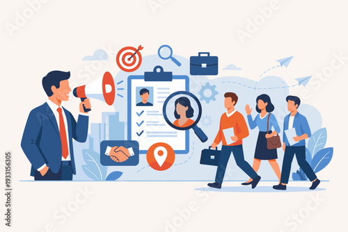 Business Recruitment Concept with Employer Using Megaphone to Announce Job Vacancy and Hiring New Employees, Candidates with Resumes Walking Towards HR Manager for Interview and Career Search
