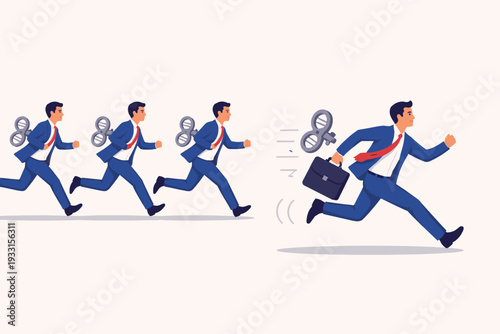 Businessman Breaking Free from Corporate Routine and Running in a Different Direction After His Wind-up Key Falls Off, Symbolizing Individuality, Leadership, Freedom, and Innovation in Business.