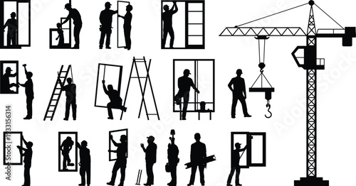 Construction worker silhouettes installing windows with tools and ladder, tower crane lifting materials on building site, black vector illustration isolated on white background