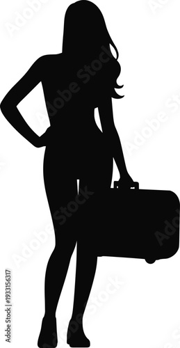 Black silhouette of a young woman standing and holding a large suitcase isolated on white background for travel vacation business trip and luggage concepts