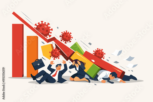 Economic Collapse and Financial Crisis Caused by Coronavirus Pandemic with Downward Trend Graph and Virus Pathogens Crushing Business People, Market Crash, Bankruptcy, and Global Recession