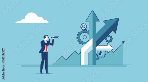 Businessman with telescope looking for future opportunities and growth directions. Concept of strategic vision, business forecasting, leadership, and success with arrows and gears background.