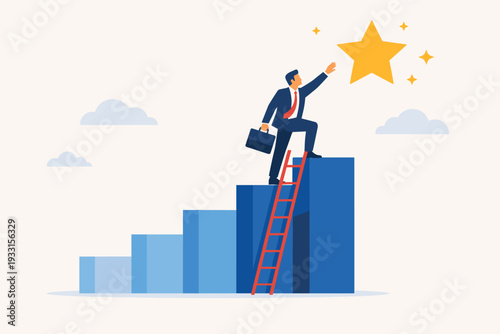 Businessman Climbing Career Ladder to the Top and Reaching for the Star, Flat Vector Illustration of Business Success, Ambition, Goal Achievement, Professional Growth, and Leadership Concept.