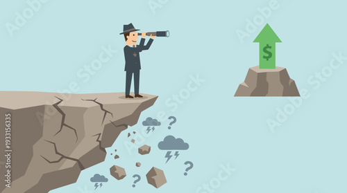 Businessman standing on a crumbling cliff looking through a telescope at a green profit arrow. Concept of financial risk, economic crisis, market uncertainty, and strategic vision for growth.