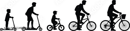Black silhouettes featuring a diverse group of children and adults riding kick scooters and bicycles including a mountain bike and cruiser isolated on white