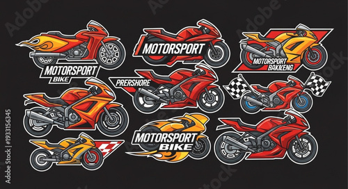 Collection of vibrant motorcycle illustrations showcasing speed and motorsport themes on a dark background.