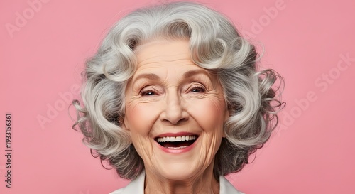 Smiling Senior Woman with Curly Gray Hair.