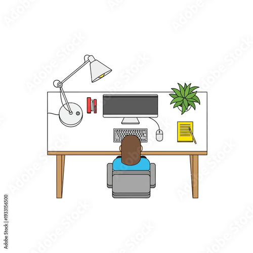 Person working at desk with computer, lamp, and plant