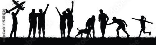 Black silhouettes featuring happy people playing with a toy airplane and a dog while running on grass outdoors isolated on a white background
