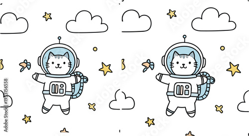 Cute Cat Astronaut Seamless Pattern with Stars, Clouds and Space Elements for Kids Nursery Background Design