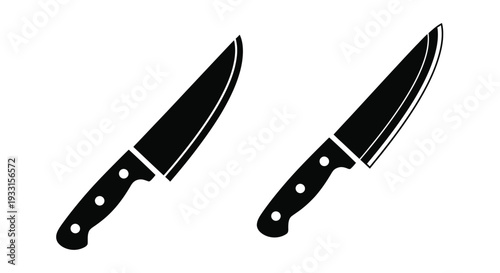 Two kitchen knives displayed against a white background a stark silhouette
