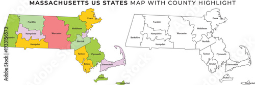 Foto Massachusetts us state map with county highlight and detailed outline of america