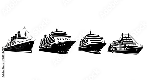 Four cruise ships in a row, black and white, ready for travel and adventure.